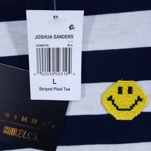 JOSHUA SANDERS Shirt Mens Large Navy White Stripe Smiley Face Pixel Tee $156 - Picture 2 of 7